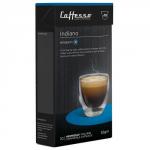 The photo shows a package of Espresso Capsule Company coffee pods titled Caffesso Indiano 10s with Nespresso Compatible Pods mentioned. The packaging is new and untouched, with the coffee pods visible through a transparent window. The design is sleek and modern, featuring vibrant colors and the company logo. The pods themselves appear to be single-serve and compact in size.