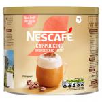 A brand new Nescafe Gold Cappuccino canister, filled with 1kg of delicious and smooth coffee grounds. The packaging is sleek and modern, with the signature Nescafe red and gold design. Perfect for a gourmet coffee experience at home or in the office.