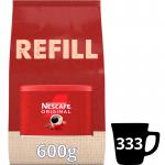 In the photo, a brown bag with the Nescafe Original logo is shown, containing a 600g pack of coffee. The bag is unopened and a label states NWT905 Refill. A steaming cup of coffee can be seen in the background.