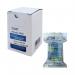 The picture shows a blue Q-Connect Pitney Bowes remanufactured franking ink cartridge with the label Q-Connect Franking Machine Ink and 765-9BN OB01122. The packaging features a modern design and clearly displays the compatibility with various franking machines. The ink cartridge appears to be high-quality and professional.