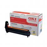 In this photograph, you can see a set of Oki Printer Drums from the C610 model. One of the drums in this image is colored bright yellow, with the Oki logo and product information clearly visible. The drums have a smooth, cylindrical shape and appear to be in excellent condition.