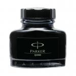 This picture shows a display of Parker pens and refills, alongside a Quink Permanent Ink Bottle in black. The 2oz bottle is labeled with the Parker logo and a product code, and is surrounded by shiny pens and packages. The overall image exudes elegance and sophistication.
