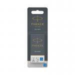 In the picture, multiple Parker pens and refills sit on a desk next to a pack of 60 Parker Quink permanent ink cartridges. The pens have sleek, silver bodies and the cartridges are a vibrant blue color.