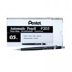 The photograph features a pack of 12 Pentel Mechanical Pencils in a sleek black barrel design. Each pencil is equipped with a fine 0.5mm lead and the trusted P200 automatic pencil mechanism. Perfect for precise and professional writing or drawing tasks.