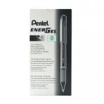 The image shows a pack of 12 Pentel EnerGel + Metal Tip Rollerball Pens in black. Each pen has a 0.7mm tip and a sleek metal barrel. The pens are lined up neatly and ready for use.