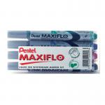 This image features a set of four fine-tipped Pentel Maxiflo whiteboard markers in assorted colors. The pens are labeled with the brand name Pentel and the words Maxiflo Whiteboard Marker Fine in bold letters. The assorted colors include shades of blue, green, pink, and purple.
