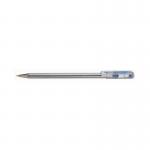 In the photo, there are twelve Pentel Superb Ballpoint Pens lined up neatly. Each pen has a fine blue tip and a clear plastic barrel. The tip of each pen is retractable and the pen cap is a matching blue color. The design is sleek and professional, perfect for any writing task.