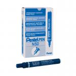 The photo shows a pack of 12 blue Pentel N50 permanent bullet markers. Each marker has a broad tip and is labeled N50-C. The packaging is labeled Pentel Permanent Markers in bold letters. The markers are arranged neatly in a row, with their caps off to reveal the vibrant blue ink.
