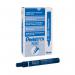The photo shows a pack of 12 blue Pentel N50 permanent bullet markers. Each marker has a broad tip and is labeled N50-C. The packaging is labeled Pentel Permanent Markers in bold letters. The markers are arranged neatly in a row, with their caps off to reveal the vibrant blue ink.