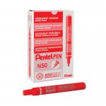 The photograph shows a pack of 12 Pentel N50 Permanent Bullet Markers in bold red color. The markers have a broad tip and are designed for long-lasting, permanent use.