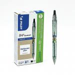 The image shows a pack of 10 Pilot B2P Ecoball Ballpoint Medium Black pens. The pens are ballpoint style with a sleek, modern design. Each pen has a smooth black barrel and a comfortable grip for writing. The ink color is a rich black and the pens have a medium point for precise writing. The packaging is environmentally friendly, with a green and white color scheme. Overall, the image portrays high-quality writing tools that are both stylish and eco-friendly.