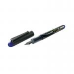 The picture shows a pack of 12 blue Pilot VPen Disposable Fountain Pens. The pens have a fibre tip and a fountain pen design. They are compact and easily disposable for convenience.