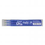 The picture shows three blue Pilot FriXion rollerball pen refills, each with a medium tip. They are neatly packaged with the Pilot logo visible. The pens are ready to be used for smooth and precise writing.