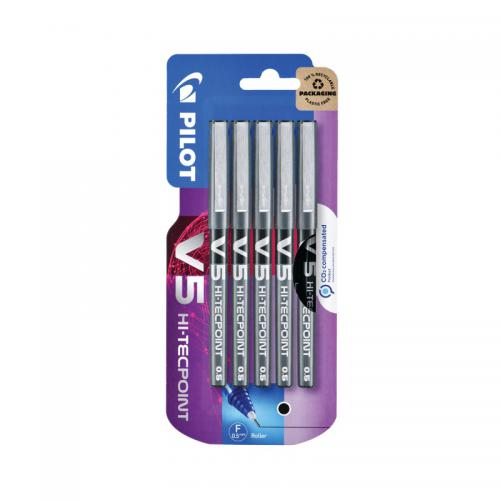 Pilot V5 Hi-Tecpoint Liquid Ink Rollerball Pen Fine Black (Blister Pack of 5) PI41107