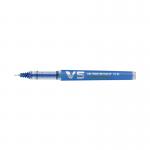 The image shows a pack of 10 Pilot V5 Cartridge Rollerball Pens in fine line blue. Each pen has a sleek, ergonomic design with a smooth grip for comfortable writing. The pens feature a retractable tip and a sturdy clip for convenient carrying. Perfect for everyday writing tasks.