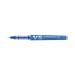 The image shows a pack of 10 Pilot V5 Cartridge Rollerball Pens in fine line blue. Each pen has a sleek, ergonomic design with a smooth grip for comfortable writing. The pens feature a retractable tip and a sturdy clip for convenient carrying. Perfect for everyday writing tasks.