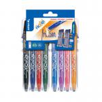 The image shows a set of eight Pilot Rollerball Pens from the Set2Go FriXion line. Each pen is a vibrant color, including blue, purple, pink, and green. The pens feature a fine 07 tip and smooth rollerball ink for precision writing. The lightweight design includes a comfortable grip for extended use. The pack is labeled with the brand name and product information.