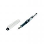 A photo capturing a pack of Pilot Fibre Tipped and Fountain Pens, specifically the VPen Disposable Fountain Pen in black, with a quantity of 12 pens. The packaging is sleek and white, showcasing the bold black pens inside. The pens themselves have a modern design and distinct tip styles, perfect for various writing needs.