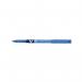 The image shows a pack of 12 Pilot V5 Hi-Tecpoint Ultra Rollerball Pens in a rich shade of blue. The pens are sleek and slim, with a fine tip allowing for precision writing. The barrel of the pens is transparent, revealing the ink color and level. The caps and clips are silver, adding a touch of elegance to the overall design.