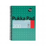 This photograph features a set of three Pukka Pukka Pads, each with a metallic wirebound design and 200 ruled pages. The notebooks are A5 size and are neatly stacked on top of each other. The covers are vibrant and eye-catching, perfect for any writing or note-taking needs.
