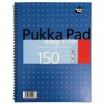 This photo features a pack of three Pukka Pukka Pads wirebound notepads, each with ruled A4 pages and a metallic cover. The notepad has 150 pages and is designed for easy writing. The white pages are perfect for jotting down notes or ideas.