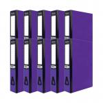 The photograph is of a group of 10 purple Pukka Brights Box File Foolscap Box Files from Pukka Pads Ltd. The files are lined up in a stack, with their labels clearly visible.