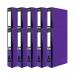 The photograph is of a group of 10 purple Pukka Brights Box File Foolscap Box Files from Pukka Pads Ltd. The files are lined up in a stack, with their labels clearly visible.