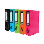 The picture shows a stack of 10 brightly colored box files from Pukka Pads Ltd. Each file is labeled with the brand name and Pukka Brights collection. The files are in Foolscap size and are assorted in various vibrant colors. The front of each file is solid, while the sides and back are a matching pattern. The sturdy boxes have a glossy finish and are designed to hold and organize important papers. The design is simple yet eye-catching, making it perfect for a modern office setting.