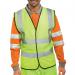 This vibrant picture features Beeswift high visibility vests in a bright saturn yellow color. The waistcoat style provides full coverage and visibility. Available in size 2XL. Perfect for staying safe and visible in any job or activity.