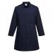 In the photo, a man is wearing a navy blue Portwest 2202 Food Industry coat. It has one pocket and appears to fit comfortably. The coat is specifically designed for the food industry, with practical features and professional style.