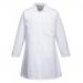 This picture features a white Portwest 2202 food industry coat for men, with one pocket, in size 4XL. The coat is clean and professional, perfect for working in the food industry. It has a sleek design and is made with high-quality materials.