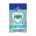The picture shows a 6kg box of Fairy Professional Non-Biological Laundry Powder, featuring the iconic Fairy Laundry Fairy on the front. The brand name is prominently displayed in bright and colorful font. The powder is white and powdery, and there is a measuring scoop resting on top. The background is a clean and crisp white, with a hint of blue and purple accents.