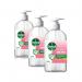 In the photo, three 500ml bottles of Dettol Hand Wash Pro Liquid Hand Soap sit side by side. The label displays the brand name and product name in bold letters, with a picture of sparkling clean hands for added visual appeal. The bottles are packed together, with one tilted slightly to the side. A clean and hygienic bathroom can be seen in the background.