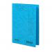A photograph of Railex Transfer and Pocket Transfer Files Railex Easifile E7 Foolscap 350gsm Turquoise Pack of 25 shows a stack of sturdy and vibrant blue files, with the Railex logo and product name in bold letters printed on the front. Pockets can be seen on the inside of the files, providing ample space for storage and organization. The files are neatly stacked, ready to be used for any business or personal filing needs.