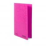 In the photo, there are 25 Railex Transfer and Pocket Transfer Files stacked together. The files are in bright cerise color and made of 350gsm paper. Each file has a foolscap size and comes with a pocket for extra storage. They are labelled as Railex Polifile PL5P on their spine.