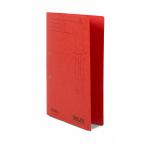 The photograph shows a stack of 25 Railex Transfer and Pocket Transfer Files, all made of sturdy 350gsm ruby-colored cardstock and designed for foolscap-sized documents. Each file has a pocket for storing additional loose papers. The files are neatly organized and ready to keep important documents secure and organized.