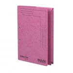 The image is a pack of 25 Railex Transfer and Pocket Transfer Files. The files are Foolscap size and made of 350gsm cerise-colored paper. The front of the files feature the Railex logo, while the back has a pocket for extra storage. The files are designed for organizing and storing important documents.