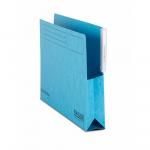 This image features a stack of 25 turquoise Foolscap Railex Shelf Wallets with tabs. These wallets are made of 350gsm paper and are designed for lateral filing on Railex systems. They are ideal for organizing and storing important documents.