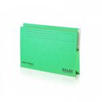 The photo shows a pack of 25 Railex Shelf Wallets in emerald green. Each wallet is made of 350gsm material and has a tab for easy labeling. The wallets are designed for foolscap sized documents and can be used in a Railex Lateral Filing system. They are neat and professional looking, with a rich color that adds a touch of elegance.