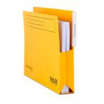 The picture shows a pack of 25 Railex Lateral Filing Railex Shelf Wallets with Tabs in a striking gold color. The wallets are made of 350gsm thick paper and are designed to fit foolscap sized documents. The wallets feature a convenient lateral filing mechanism for easy organization.