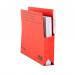 The photo depicts a pack of 25 Foolscap size Railex Shelf Wallets in a vibrant ruby color. The 350gsm material gives the wallets a sturdy and durable appearance. The wallets include a convenient tab for easy labeling and organization. These wallets are designed for lateral filing in the Railex system.