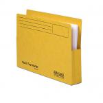 The photograph shows a group of square cut files and slipfiles, as well as open top wallets in a gold color. The files are labeled with Railex and Foolscap and are made of 350gsm paper. There are 25 items in the pack and they are all neatly stacked on top of each other.