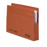 The picture shows a pack of 25 Railex Square Cut Files and Slipfiles and Railex Open Top Wallet OT5 Foolscap 350gsm Ruby. The files are neatly stacked and the wallet is open, revealing its contents. The bright ruby color adds a pop of color to the office supplies.