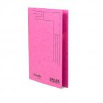 The photo features a stack of bright cerise-colored square cut files and slipfiles from Railexs Docufile line. Each folder is made of sturdy 350gsm paper and can hold Foolscap documents. The pack contains 100 folders, perfect for organizing and storing important papers.