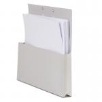 This photo showcases a pack of 50 grey manilla pockets by Railex, specifically the MP64 model. These pockets are attachable and perfect for organizing and filing accessories. Each pocket can hold multiple items and has a clear label area for easy identification.