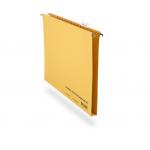 The image shows a pack of 25 yellow manilla suspension files, each with a capacity of 400gsm. The files are specifically designed for storing A3 sized documents and feature a 452mm drawer suspension. The label reads Railex Suspension Filing.