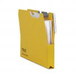 The image is a close-up of a Railex Suspension Filing Railex Hook-on 25mm Pocket File. The file is a foolscap size and has a 350gsm gold finish. There are 50 files in the pack, neatly stacked and ready to be used. The pocket is visible, showing its depth and ability to hold documents.