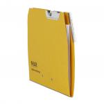 The photo shows a set of Railex suspension filing hooks attached to polypropylene file folders, sized for foolscap documents. The folders are durable and feature a gold color.