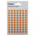 The image shows a bag filled with round, 8mm diameter Blick coloured labels in a vibrant orange hue. The bag contains 490 labels and there are 9800 labels in total, making it a large pack. These labels are perfect for organizing and labeling items in any workspace or home.