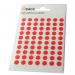 The photograph displays a cluster of vibrant, round coloured labels in bags. The labels are 8mm in diameter and there are 490 in each bag, with a total of 9800 labels in the pack. The particular colour showcased is red.